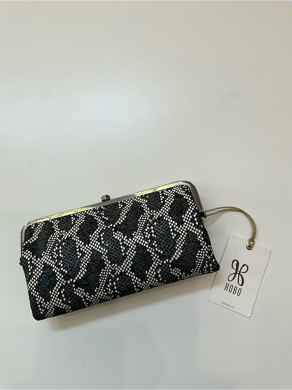 HOBO Lauren Black Snakeskin Print Leather Double Frame Clutch Wallet NWT